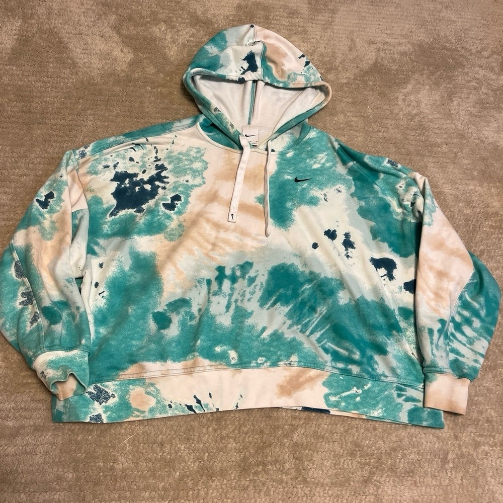 Nike Sportswear Essential Women Tie Dye Hoodie Teal Blue DR8155-382 XL